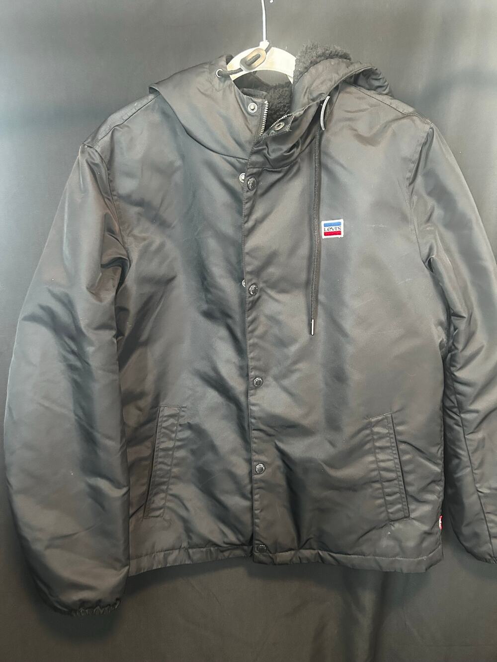 Levi’s Men’s Black Sherpa Lined Hooded Jacket Size Small Nylon Snap Zip Coat